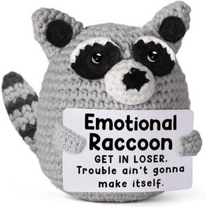 lot 12263 image: Tiny Emotional Support Raccoon, Handmade Positive Crochet Animal Plush Trash Panda, Motivational Gift for Men, Women, Friend, Coworker, Bestie, Present for Birthday, Christmas, White Elephant