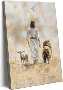 lot 12267 image: Jesus and Lamb Canvas Wall Art Decor, Lion and Lamb Dove Wall Art, Christian Bible Stories Canvas Wall Art, Modern Religious Prints Artwork for Christian Church Prayer Room Living Room Bedroom 12x16in