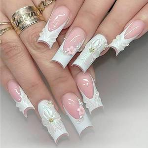 lot 12405 image: French Tip Press on Nails Long Square Fake Nails with 3D Flower Designs Pink Nude Glossy False Nails for Women Girls Party Prom 24Pcs