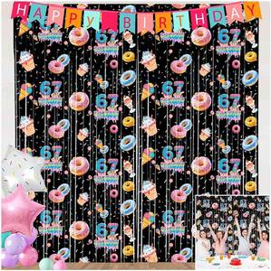 lot 12409 image: Funny 6 7 Meme Birthday Party Supplies 2 Pack Donut Theme Decorations 3.3x6.6ft Tinsel Foil Fringe Curtains Black Backdrop Streamers Ice Cream Six Seven Photo Decor for Kids
