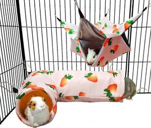 lot 12431 image: Guinea Pig Rat Corner Tunnel & Tubes Bunkbed Hammock, Guinea Pig Hideout for Small Pet Hedgehog Piggy Hamster Hide(2. Hammock&Tunnel-Strawberry)