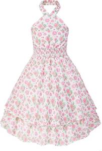 lot 12432 image: EXARUS Girls Dresses Teen HalterPuff SleeveSpaghetti Strap Smocked Floral Summer Casual Dress Size 10Y