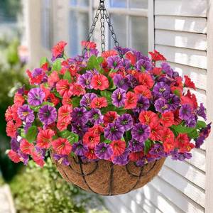 lot 12449 image: Homsunny Artificial Fake Hanging Flowers with Basket for Outdoors, Faux Silk Petunias Flower Spring Summer Decor UV Resistant Look Real Outside Patio Front Porch Decorations
