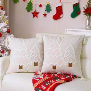 lot 12502 image: 2PC 3D Christmas Throw Pillow Covers 18x18 inch Set Xmas Tree Decorations Soft Cotton Linen Blend with Tassel,New Year Farmhouse Pillowcase Winter Holiday Decor