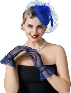 lot 12525 image: SWEETV Fascinators Pillbox Hats for Women, Tea Party Hat and Short Lace Gloves Set Perfect for Kentucky Derby, Cocktail
