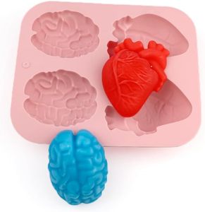 lot 12547 image: 4-Cavity 3D Brain & Heart Silicone Mold Set - Halloween Chocolate, Candy, Soap & Ice Cream Molds - DIY Gummy, Cookie & Baking Tray for Spooky Treats