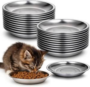 lot 12578 image: COMNICO 24 Pcs Stainless Steel Cat Bowls, Metal Shallow Wide Pet Dish Food Replacement Whisker Fatigue Relief Cat Food Feeding Plates for Small Cats and Dogs