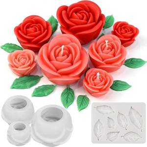 lot 12626 image: 4PCS Rose & Leaf Candle Molds, 3D Flower Silicone Molds for Candles Epoxy Resin Casting Wax Soap Clay Plaster Home Decoration Handmade Gift