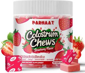 lot 12274 image: Bovine Colostrum Chews Supplement with probiotics for Gut Health, Bloating, Immune Support, Skin, Hair Growth and Beauty - Strawberry Flavor (60 Servings)