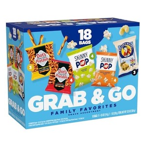 lot 361 image: SkinnyPop Family Favorites Variety Pack, Original and White Cheddar Popcorn, Dots Original and Honey Mustard Pretzels, Pirates Booty Aged White Ched BB JULY 11 2026