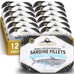 lot 419 image: Brunswick Sardines in Spring Water, 3.75 oz Can (Pack of 12) - Boneless Butterflied Sardine Fillets - Wild Caught - 18g Protein per Serving - Gluten Free, Keto Friendly. BB January 2028