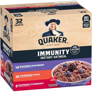 lot 445 image: Quaker Immunity Instant Oatmeal, 3 Flavor Variety Pack, Good Source of Vitamins C, D, & Zinc, Whole Grains, No Artificial Flavors, No Colors from Artificial Sources, 1.41 oz Packets, (32 Pack) BB March 2026
