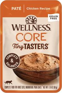 lot 528 image: Wellness CORE Tiny Tasters Pate Adult Wet Cat Food, Natural, Protein Rich, Grain Free, Chicken Recipe, 1.75 oz, Pack of 12 Pouches BB 12 OCT 2024