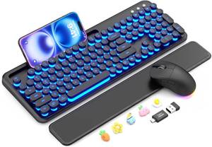 lot 1748 image: Wireless Keyboard and Mouse Combo - Backlit Typewriter Keyboard with Magnetic Wrist Rest & Phone Holder, Light Up Round Keycaps, 2.4GHz Cordless Set for Mac, Windows, PC, Laptop, SABLUTE