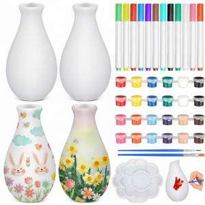 lot 1751 image: Singhoow 4 Set Fathers Day Paint Your Own Porcelain Paint Vase Art Project White Ceramic Painting Kit for Adults Porcelain Vase Decorating Kit Holiday Supplies DIY(Stylish)
