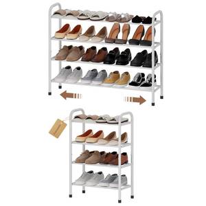 lot 1767 image: AUGOHCMIL Expandable Shoe Rack, 4-Tier Metal Small Shoe Rack, Adjustable Shoes Organizer, Storage Shelf for Closet, Entryway, White