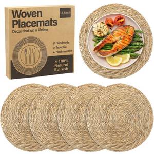 lot 1788 image: Elcoho 4 Pieces Round Woven Placemats 13.8 Inch Boho Rattan Placemats Farmhouse Braided Place Mats Woven Plate Chargers Rustic Wicker Table Mats for Dining Table