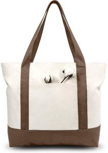 lot 1789 image: TOPDesign 6-Pack Canvas Tote Bags with an External Pocket, Reusable Grocery Shopping Bags, Top Zipper Closure, Daily Essentials (BrownNatural)