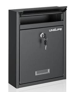 lot 1794 image: Uniclife Wall Mount Mailbox for Outside, Locking Mail Box, Large Mailbox with Key Lock, Security Mail Box for House, Safe Key Drop Box, Post Box, Steel Cash Drop Box for Home Office School, Black