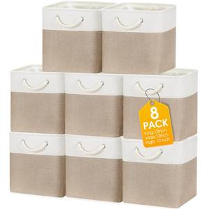 lot 1795 image: meekoo 8 Pack Collapsible Storage Bins Fabric Storage Bins Polyester Fabric Baskets with Handles Linen Closet Organizer for Shelf Home Closet Towels Toys(12 x 12 x 12 in,Beige)
