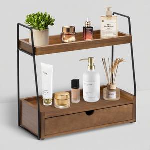 lot 1806 image: 2-Tier Bathroom Organizer Countertop with Drawer, Wood Counter Organizer for Bathroom Decor, Sink Shelf for Vanity Storage, Makeup Tray for Perfume Skincare, Spice Rack Bedroom Kitchen Corner