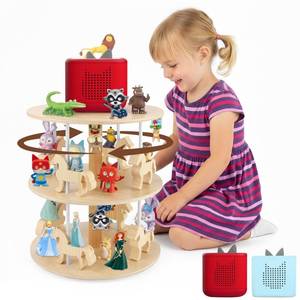 lot 1812 image: Taladad Carousel Shelf for Toniebox, 360°Rotating Wooden Organizer Compatible with Toniebox 21 Player & Holder for 120 Tonies Figures, 3-Tier Display Stand with 50 Metal Plates for DIY Storage