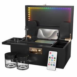 lot 1816 image: Usoway Bamboo Storage Box With Colored LED Lights - 358 Kinds Cool Light Effects, Premium Decorative Wooden Box With Combination Lock, Storage Box Set With Sliding Tray and Accessories (Black)