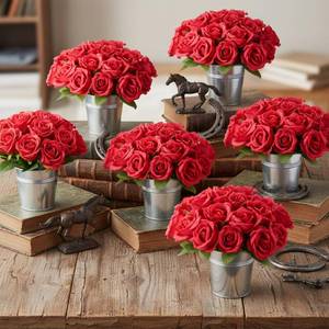 lot 1821 image: Zhengmy 42 Pcs Derby Day Party Table Decorations the Roses Centerpieces with Simulated Iron Flower Pots for Horse Racing Party Decor Red Rose Racehorse Theme Birthday Tabletop Supplies
