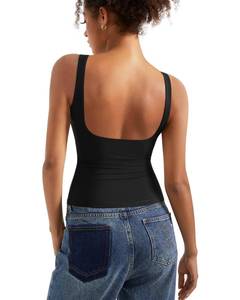 lot 2004 image: SUUKSESS Women Built in Bra Open Back Boat Neck Tank Tops Double Lined Backless Y2K Going Out Top Basic Shirt (Black,S)