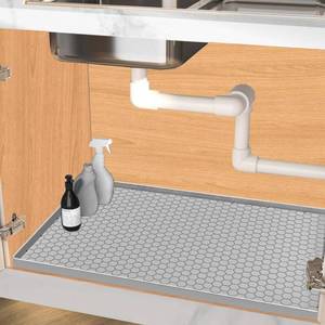 lot 2355 image: Jacooxi Under Sink Mat 25 x 22 for Kitchen Waterproof, Silicone Under Kitchen Sink Liner Mat, Easy to Clean Bathroom Cabinet Mat Organizers and Storage, Light Grey