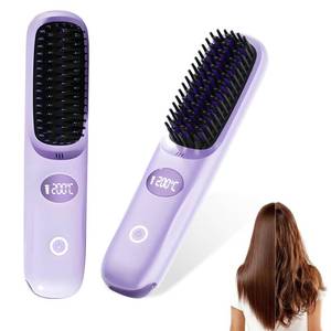 lot 2360 image: Go Brush Pro Portable Cordless Hair Straightener Brush for Travel, Fast Heating Straightening Comb with LCD Display & °F°C Switch, Rechargeable Anti-Frizz Styling Tool for Smooth Shiny Hair (Purple)