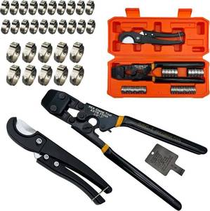 lot 2375 image: PEX Pipe Clamp Cinch Tool Crimping Tool Crimper for Stainless Steel Clamps from 38-inch to 1-inch with 12-inch 20PCS and 34-inch 10PCS SS PEX Clamps,with Pipe Cutter in Plastic Box