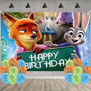 lot 2376 image: Zootopia 2 Birthday Party Decoration,Cute Animals Party Photo Background 5 x 3 FT and 18 Pcs Balloon,Merch Party Backdrop Supplies