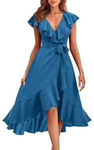 lot 2386 image: PRETTYGARDEN Women Summer Bohemian Slit Ruffle Beach Dresses Casual Cross V Neck Tie Dress A-Line Swing Midi Sun Dress (Grey Blue,X-Large)