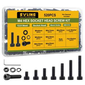 lot 2392 image: SVLING 520Pcs M4 Screws Assortment Kit,Hex Socket Head Cap Screws Bolts Nuts Washer Set,12.9 Grade Alloy Steel,Black Oxide M4 x 681012162025mm,for 3D Printer,DIY Project