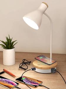 lot 2438 image: LALISU Metal Desk Lamp Wireless Charging Table Lamp Touch Reading Lights Arc Desk Lamps for Bedroom, 3 Way Dimmable Bedside Lamp with USB Charging Ports Lamp for Study Room and Office (White)
