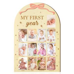 lot 2441 image: R HORSE My First Year Photo Frame Board - Fits 2 x 3 Inch Photo, 3D Pink Bow Display Wood Board, Baby��s First Year 12 Months Milestone Sign 1st Birthday Frame Nursery Decor Keepsake Gift for Boy Girl