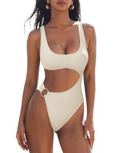 lot 2444 image: SUUKSESS Women Sexy One Piece Tummy Control Swimsuit Cutout Backless Slimming Swimwear 2025 Cheeky Side O-Ring Bathing Suit (Beige White,Medium)