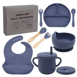 lot 2477 image: Dormlony 100% Silicone Baby Feeding Set, BPA Free Baby Dishes with Suction Bowl, Divided Plate, Toddler Self Feeding Dish Set with Spoons, Forks, Sippy Cup and Bib, Baby Eating Utensils (Navy Blue)