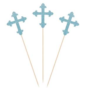 lot 2482 image: Blue Glitter Cross Centerpiece Sticks for Baptism Christening Party Decorations - Set of 10