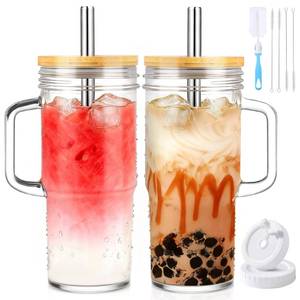 lot 3443 image: Birity 24oz Glass Cups with Lids and Straws,Glass Tumbler with Handle,2 set��Reusable Glass Ice Coffee Cups with Lid and Straw for Smoothies,Tea,Juice,Boba Cup for Cold & Hot Drinks,Travel Cup