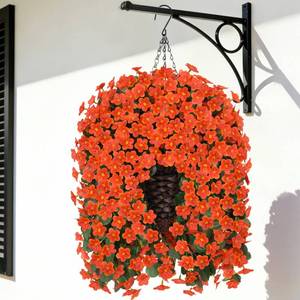 lot 3448 image: MJFloria Artificial Fake Hanging Flowers Plants Baskets for Outdoor Outside, Faux Silk Orange Daisy Mums Trailing Vines in Planter Realistic UV Resistant for Balcony Porch Decor
