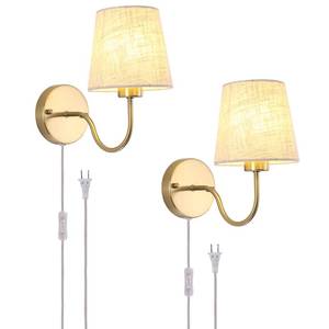 lot 3450 image: LASENCHOO Plug in Wall Sconces Set of Two, Modern Wall Lamp with Plug in Cord 6.56ft & OnOff Switch with Fabric Lampshade, Gold Sconces Wall Lighting Fixture for Bedroom Bedside Living Room Porch