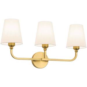 lot 3451 image: Kvhiiw Bathroom Vanity Light, Brushed Gold Bathroom Light Fixtures, 3-Light Lighting Fixtures Over Mirror, Modern Wall Sconce with Flared White Fabric Shade, E26 Socket(ETL Listed)