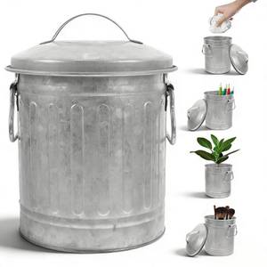lot 3465 image: NUOBESTY Mini Metal Trash Can with Lid - Small Desktop Garbage Can Vintage Galvanized Waste Basket Rustic Farmhouse Pen Holder Flower Pot for Office, Vanity, Countertop (5.7x7.27, Silver)