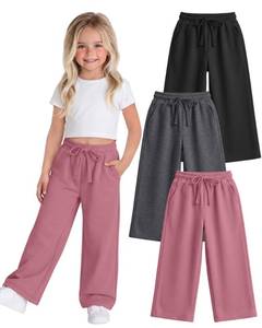 lot 4025 image: Ficerd 3 Pack Toddler Girls Wide Leg Sweatpants 18M-5T High Waist Loose Pants Baby Drawstring Baggy Bottoms with Pockets(4T,Black, Peach Pink, Dark Heather Gray)