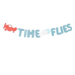 lot 4026 image: KOJIN Time Flies Vintage Airplane Banner For Kids Birthday, Baby Shower Decorations, Airplane Themed Banner, 80 inches by 5 inches, Blue Red