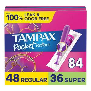 lot 4042 image: Tampax Compact Radiant Tampons for Women Multipack, with LeakGuard Braid & Extendable Applicator, RegularSuper Absorbency, Unscented, 84 Count (3 Packs of 28)