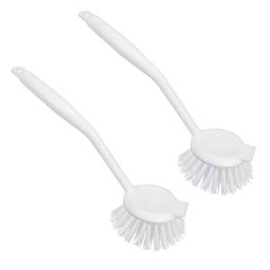 lot 4437 image: LOLA Dish Brush wScraper, 2 Pack, Durable Fiber Non-Scratch Bristles, Ergonomic Non-Slip Grip Handle, for Baked-on & Caked-on Messes