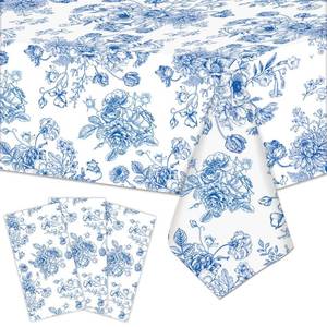 lot 4447 image: 3 Pieces 54x108 Inch Blue White Floral Rectangle Plastic Tablecloth, Disposable Elegant Flower Design Table Cover for Wedding, Bridal Shower, Baby Shower, Birthday, and Garden Tea Party Decorations